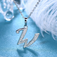 Metal Alloy Creative 26-Letter Simple Moissanite Necklace with Advanced Group Setting-Style W [Clearance Sale with Free Shipping]  925 Silver