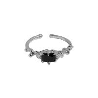 wholesale S925 Sterling Silver Korean Version Ins Small Design Irregular Surface Lava Boiling Texture Textured Open Ring for Women-Platinum [Black Stone] Opening adjustable