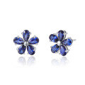 wholesale S925 Sterling Silver Five-Petal Flower Stud Earrings with Lab-Grown Royal Blue Sapphire, High-End and Stylish-0-4