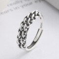 wholesale S925 Sterling Silver Retro Vintage Hand-Woven Geometric Cross Minimalist Adjustable Open Ring-0-1