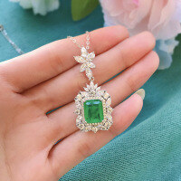 wholesale S925 Silver Simulated Emerald Gemstone Vintage Earrings Ring Pendant Gift Three-Piece Jewelry Set-necklace