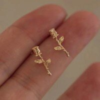 wholesale S925 Sterling Silver Red Elk Mini Rose Flower Earrings Women Small Exquisite Floral Earrings-BE0295-Gold 925 Silver