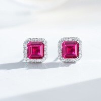 S925 Sterling Silver Emerald Baguette-Cut Asscher-Cut Ruby Earrings with Zircon High-Carbon Diamond Style-Red Corundum - ED234  925 Silver