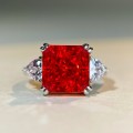 wholesale S925 Sterling Silver Ice Flower Ring with Red Gemstone, Radiant Cut 5-Carat Diamond, Fluorescent and Pen Test Passed-0-0
