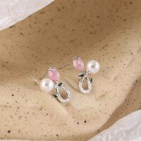wholesale S925 Sterling Silver Pink Rose Pearl Earrings for Women, Sweet Tulip Flower Design High-end Earrings-Tulip Pearl Earrings 925 Silver