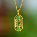 wholesale Gold-Plated New Chinese Style Antique Craft Silver Inlaid with Hetian Jade Jasper Pendant Necklace Retro Luxury Women's Collarbone Chain-0-2