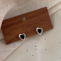 wholesale S925 Sterling Silver Little Red Book Same Style Popular Black Agate Heart Stud Earrings for Women, Small and Exquisite, Luxurious and Delicate Ear Accessories-Sterling silver