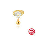 wholesale S925 Sterling Silver Four-Leaf Clover Floral Diamond-Studded Ear Crawler with Small Gold Bead Drop-0-0
