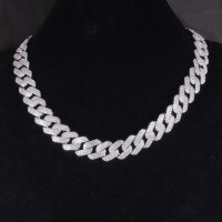 wholesale S925 Silver Hip Hop Cuban Link Full Zirconia Necklace 19mm Thick Cross-Border European and American Diamond-Cut Chain-20 inches (silver)>925 silver