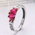 wholesale S925 Silver Vintage Style Enamel Drip Glaze Six-Character Mantra Lotus Relief Design Adjustable Ring-0-1