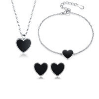 wholesale 925 Sterling Silver Black Onyx Inlaid Heart-shaped Earring and Necklace Set with an Ins Luxe Advanced Feel-Black Onyx Three-Piece Set 925 Silver