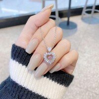 wholesale S925 Sterling Silver Sweetheart Pink Diamond Dainty and Playful Necklace, Fashionable and Sweet Niche Design Gift for Girlfriend-Girly Pink Heart Necklace--Platinum&gt;925 Silver