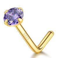 wholesale S925 Sterling Silver Hot Selling European And American L-post Nose Stud With Round Zircon Four-prong Setting Cross-border Nose Piercing Jewelry 20g-Purple S925 Gold (single)