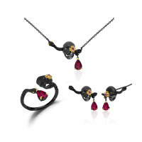 wholesale Dark Style Designer Skull Jewelry Three-Piece Set Halloween Collection 925 Silver Gemstone Ring Earrings Pendant-Natural topaz ring