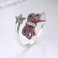 wholesale S925 Sterling Silver Korean-style Cute Christmas Series Resin Double-Layer Bow Star Design Adjustable Ring-YJ816/approx. 2.6g Adjustable opening