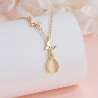 wholesale 925 Silver Exquisite Waterdrop Yellow Chalcedony Necklace for Women, Ins Style Gentle High-End Elegant Butterfly Collarbone Chain-xb1285-teardrop butterfly necklace