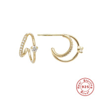 wholesale S925 Sterling Silver Layered C-Shaped Dense Prong Setting Double Wire Huggie Earrings in an Exaggerated Creative European and American Style-Gold-Style 2 925 Silver