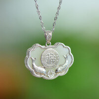 wholesale 925 Sterling Silver Inlaid with Hetian Jade Pendant Ruyi Longevity Lock Jade Necklace for Women-Silver pendant (without chain)