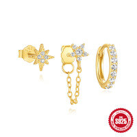 wholesale S925 Sterling Silver Exquisite Fashion Zircon Inlaid Ear Clasp Hoop, Double Layer Fishbone Stud Earring Set-3-piece set, gold#4&gt;925 silver