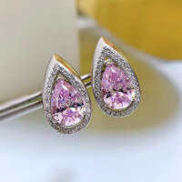 wholesale White gold jewelry new drop 33ct white 7*10 high carbon diamond pear-shaped stud earrings European and American earrings-E185-Pink Diamond>925 Silver