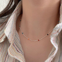 wholesale S925 Sterling Silver Hold Constant IU Same Style Rainbow Bead Necklace for Women, Summer Small Design Korean Beaded New Collarbone Chain-Pure silver (40+5CM)