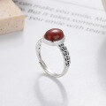 wholesale S925 Sterling Silver Vintage Antique Style Coin Design Trendy Southern Red Agate Adjustable Open Ring for Women-0-1