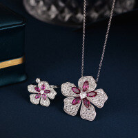 wholesale Metal material, Cross-border Europe and America best-selling ruby brooch two-way necklace flower ring women's diamond inlaid lightweight luxury fashion versatile elegance-xb724--Ruby Flower Ring