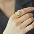 wholesale Silver-plated gold-tone certificate-included floral branch Hetian jade women's ring, vintage Chinese-style adjustable index finger jade ring-0-2