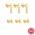wholesale S925 Sterling Silver Flatback Threader Ear Piercing Jewelry Set with Exquisite Rhombus Zircon, Three-Piece。-0-0