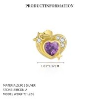 wholesale S925 Sterling Silver With Colorful Zircon Heart Earrings, Dopamine Sweet And Edgy Style, Luxurious And Advanced-YE0210_White Zirconium/Dark Purple_18K Yellow Plated_Single_With Small Flower Ear Cap 925 Silver
