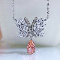 wholesale S925 silver light luxury style 7*13mm padparadscha pendant with high-carbon diamond, includes chain-Padparadscha Necklace>925 Silver