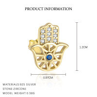 wholesale S925 Sterling Silver European And American Retro Hamsa Hand Earrings For Women, Light Luxury Fashion With Shiny Zirconia, Versatile Accessories-E5057-Gold/Pair 925 Silver