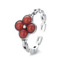 wholesale S925 Sterling Silver Vintage Retro Floral Style Southern Red Agate Adjustable Open Ring-0-5