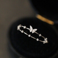 wholesale S925 Sterling Silver Butterfly Double-Layer Ring for Women, Light Luxury Shiny Diamond Ring, Minimalist Open-Ended Ring with a Niche and Simple Design-White gold>Adjustable opening