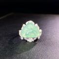 wholesale S925 Sterling Silver Women's Natural Jadeite Buddha Adjustable Ring, Live Opening, Blue WaterJadeite Wholesale-0-2