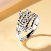 Zircon Geometric Design Three-Row Ring for Women, Light Luxury, Versatile Commuting Style-Fireworks Diamond Ring [K White]  7 US Size