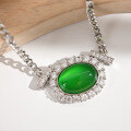 wholesale S925 silver new Chinese-style green chalcedony oval cabochon Cuban chain fashion elegant necklace, new Chinese women's-0-0