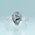 wholesale S925 Sterling Silver Unique Natural Moss Agate Ring, 3-Carat Pear Drop Shape with Green Moss Inclusions-0-0