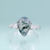 wholesale S925 Sterling Silver Unique Natural Moss Agate Ring, 3-Carat Pear Drop Shape with Green Moss Inclusions-Natural Water Grass Agate Ring  US Size 7 (Domestic Size 15)