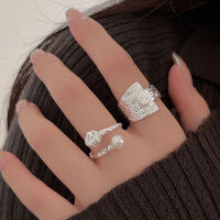 wholesale S925 Sterling Silver Geometric Textured Wide Band Ring for Women, Korean Style Minimalist Adjustable Open Statement Ring-Versatile Pearl Style (Pure Silver + Open)