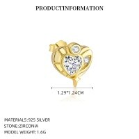 wholesale S925 Sterling Silver With Colorful Zircon Heart Earrings, Dopamine Sweet And Edgy Style, Luxurious And Advanced-YE0209_White Zirconium_18K Yellow Plated_Single_With Small Flower Ear Cap 925 Silver