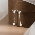 wholesale 925 Sterling Silver Hollow-Out Butterfly Tassel Pearl Ear Studs, Ins Style Niche Design Screw Ear Nurturing Earrings M06502-0-0