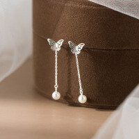 wholesale 925 Sterling Silver Hollow-Out Butterfly Tassel Pearl Ear Studs, Ins Style Niche Design Screw Ear Nurturing Earrings M06502-S925 silver pair 925 silver