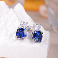 wholesale S925 Silver Vintage High-End 10*10mm Cushion-Cut Lab-Created Sapphire Ruby Earrings for Women-Simulated Emerald (5ct+1.5)*2