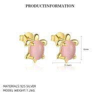 wholesale S925 Sterling Silver Cross-border Ocean Style Opal Cat's Eye Sea Turtle Stud Earrings, Wholesale-E5561_Pink Cat's Eye Stone_18K Yellow Plated_Pair_With Small Flower Ear Caps 925 Silver