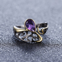 wholesale 925 Silver Designer Gemstone Inlaid Open Ring, Vintage Style High-End Amethyst Ring-Natural Amethyst Ring Adjustable opening