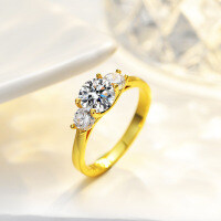 14K Gold Plated S925 Silver 1 Carat 6.5MM Round Moissanite Women's Ring-Main diamond 1 carat, smaller diamonds 30 points (set with moissanite) - 13 yards