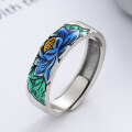 wholesale S925 Sterling Silver Retro Resin Enamel Chinese National Style Blooming Wealth Lotus Elegant Adjustable Ring-0-1