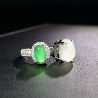 wholesale S925 Sterling Silver Two-Tone Chalcedony Ring for Women, High-Grade Icy Agate Emperor Green Ring, Double Stone Full Diamond Ring-White Chalcedony-CBJZ477 (copper)  Adjustable opening