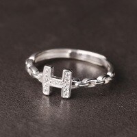 wholesale S925 Sterling Silver Diamond-Encrusted H Letter Link Chain Ring Fashion Minimalist Hong Kong Style Interlocking Openable Adjustable Statement Ring-White gold Adjustable opening